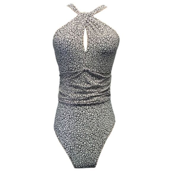 Bleu Rod Beattie Animal Print Shirred Keyhole High Neck One Piece Swimsuit Sz 10 - Picture 1 of 10